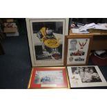 A LARGE FRAMED NIGEL MANSELL POSTER, 109 x 79.5 cm including frame, together with a FRAMED RACING