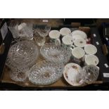 A TRAY OF CERAMICS AND GLASSWARE