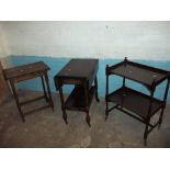 THREE ITEMS TO INCLUDE AN ANTIQUE BARLEY TWIST HALL TABLE AND TWO SERVING TROLLIES