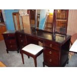 A STAG MINSTREL TRIPLE MIRROR DRESSING TABLE AND STOOL WITH A TWO DRAWER BEDSIDE CHEST