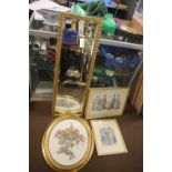A GILT FRAMED WALL MIRROR ALONG WITH TWO VICTORIAN STYLE PRINTS AND A EMBROIDERED PICTURE