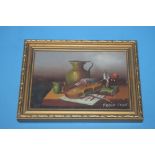 A SMALL GILT FRAMED STILL LIFE SIGNED FRANK LEAN 21 CM X 16 CM