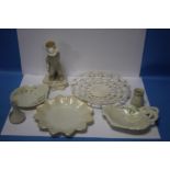 SEVEN BELLEEK ITEMS, TO INCLUDE PLATES, FIGURE ETC, ALL WITH BROWN STAMP TO BASE