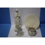 FOUR BELLEEK ITEMS TO INCLUDE THE VIRGIN MARY FIGURINE, A PLATE, VASE ETC, ALL WITH GREEN STAMP AT