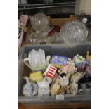 A TRAY OF NOVELTY TEAPOTS TOGETHER WITH A TRAY OF GLASSWARE