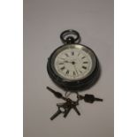 AN OVER SIZED OPEN FACE POCKET WATCH SIGNED TO THE DIAL AND MOVEMENT AND A QUANTITY OF WATCH KEYS