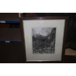 A FRAMED AND GLAZED ENGRAVING OF A MOUNTAIN SCENE SIGNED FAUSTNER 1880 64 1/2 CM X 76 CM