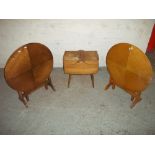 TWO VINTAGE TILT TOP CIRCULAR TABLES AND A CANTILEVER SEWING BOX