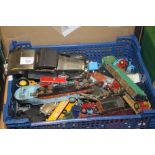 A BOX OF PLAYWORN DIECAST VEHICLES to include Corgi Batmobile, Corgi James Bond Aston Martin DB5,