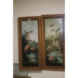 A PAIR OF VICTORIAN PICTURES OF BIRDS PAINTED ON GLASS ONE DEPICTING FLAMINGOS THE OTHER OF STORKS
