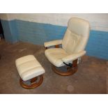 A CREAM EKORNES STRESSLESS SWIVEL RECLINER AND ADJUCTABLE FOOT STOOL