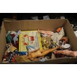 A TRAY OF VINTAGE DOLLS AND DOLLS HOUSE FURNITURE ETC (TRAY NOT INCLUDED)