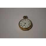 AN 18 CT GOLD KEY WIND OPEN FACE POCKET WATCH THE DIAL WHITE ENAMEL WITH BLACK ROMAN NUMERALS