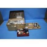 A SEWING BOX AND CONTENTS TOGETHER WITH A BOX OF COTTON REELS ETC
