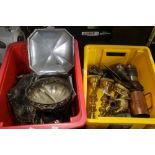 TWO BOXES OF ASSORTED METALWARE, TO INCLUDE BRASS