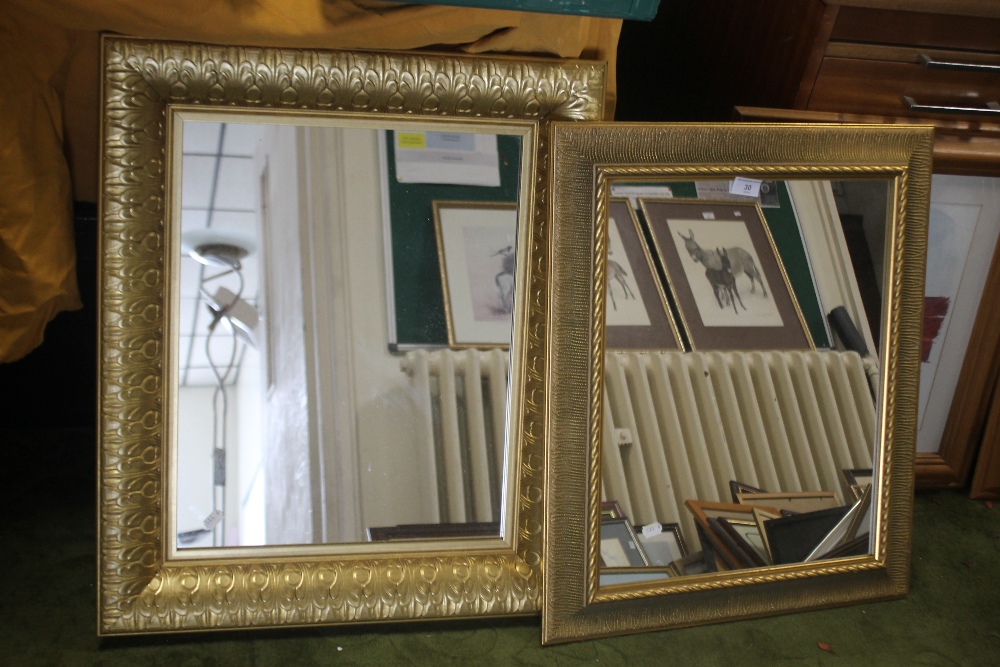 TWO MODERN GILT FRAMED WALL MIRRORS THE LARGEST 57 CM X 67 CM