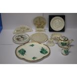A COLLECTION OF BELLEEK, TO INCLUDE A PART TEA SET, WITH BROWN STAMP TO BASE, TWO BELLEEK SIGNS,