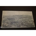 A MOUNTED BIRDS EYE VIEW PRINT OF A TOWN BY S CALVERT 98 CM X 55 CM