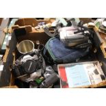 COLLECTION OF ASSORTED CAMERAS AND LENSES, TO INCLUDE, OLYMPUS, JVC ETC