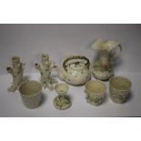 A COLLECTION OF EIGHT BELLEEK ORNAMENTS, TO INCLUDE TEAPOT ETC, ALL WITH GREEN STAMP TO BASE