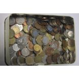 A TIN OF WORLD COINS TO INCLUDE A QUANTITY OF EUROS, together with a small collection of bank