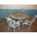 A VINTAGE ALUMINIUM GARDEN TABLE AND FOUR CHAIRS SET (ARM MISSING FROM ONE CHAIR)