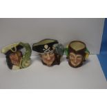 THREE SMALL ROYAL DOULTON CHARACTER JUGS, TO INCLUDE CAPTAIN HOOK, LONG JOHN SILVER AND A JESTER