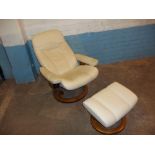 A CREAM EKORNES STRESSLESS SWIVEL RECLINER AND ADJUCTABLE FOOT STOOL