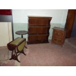 FOUR ITEMS TO INCLUDE A VINTAGE CHEST, A REPRODUCTION DROP LEAF LEATHER INLAID TABLE, A WINE