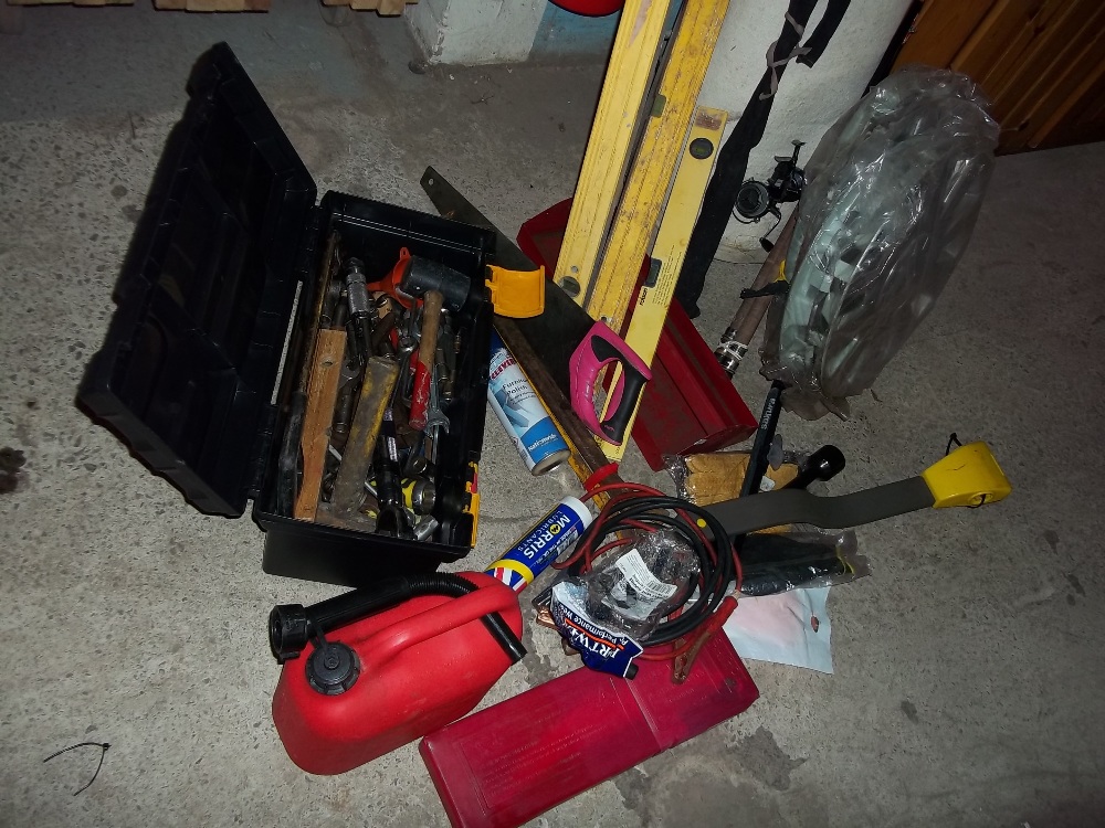 A SELECTION OF TOOLS, GLOVES ETC.