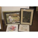 TWO FRAMED PRINTS TOGETHER WITH TWO EMBROIDERED PICTURES