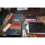 TWO BOXES OF VINTAGE BOOKS AND A BOX OF MISCELLANEOUS ENGRAVINGS, SCRAPS ETC,