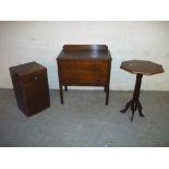 AN OAK ANTIQUE TWO DRAWER CHEST, A BEDSIDE CUPBOARD AND A PEDESTAL SIDE TABLE