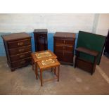 FOUR ITEMS TO INCLUDE TWO CHESTS OF DRAWERS, TEAK NEST OF TABLES, A MAGAZINE TABLE / RACK,