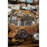 THREE TRAYS OF ASSORTED METALWARE AND TREEN (TRAYS NOT INCLUDED)