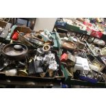 FOUR TRAYS OF ASSORTED METALWARE AND TREEN ITEMS ETC (TRAYS NOT INCLUDED)