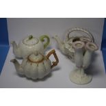 THREE BELLEEK TEAPOTS, ONE MISSING LID, TOGETHER WITH A BELLEEK VASE, ALL WITH BLACK STAMP TO BASE