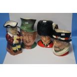 FOUR LARGE TOBY JUGS INCLUDING ROYAL DOULTON BEEFEATER, ROYAL DOULTON GUARDSMAN, BESWICK MICAWBER