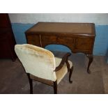 A REPRODUCTION QUEEN ANNE STYLE LEATHER INLAID DESK WITH MATCHING CHAIR