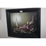 AN UNUSUAL 3D LEATHER PICTURE OF ROSES AND A CANDLESTICK 56 CM X 47 CM