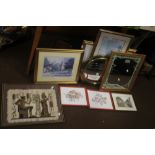A QUANTITY OF ASSORTED PICTURES, PRINTS AND A CIRCULAR WALL MIRROR