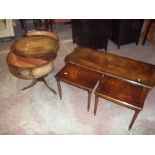 A COFFEE TABLE, NEST OF TABLES, EDWARDIAN STYLE REPRO AND A DRUM TABLE