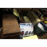 A TIN TRUNK, A SET OF CAR SEAT COVERS, BED LINEN ETC