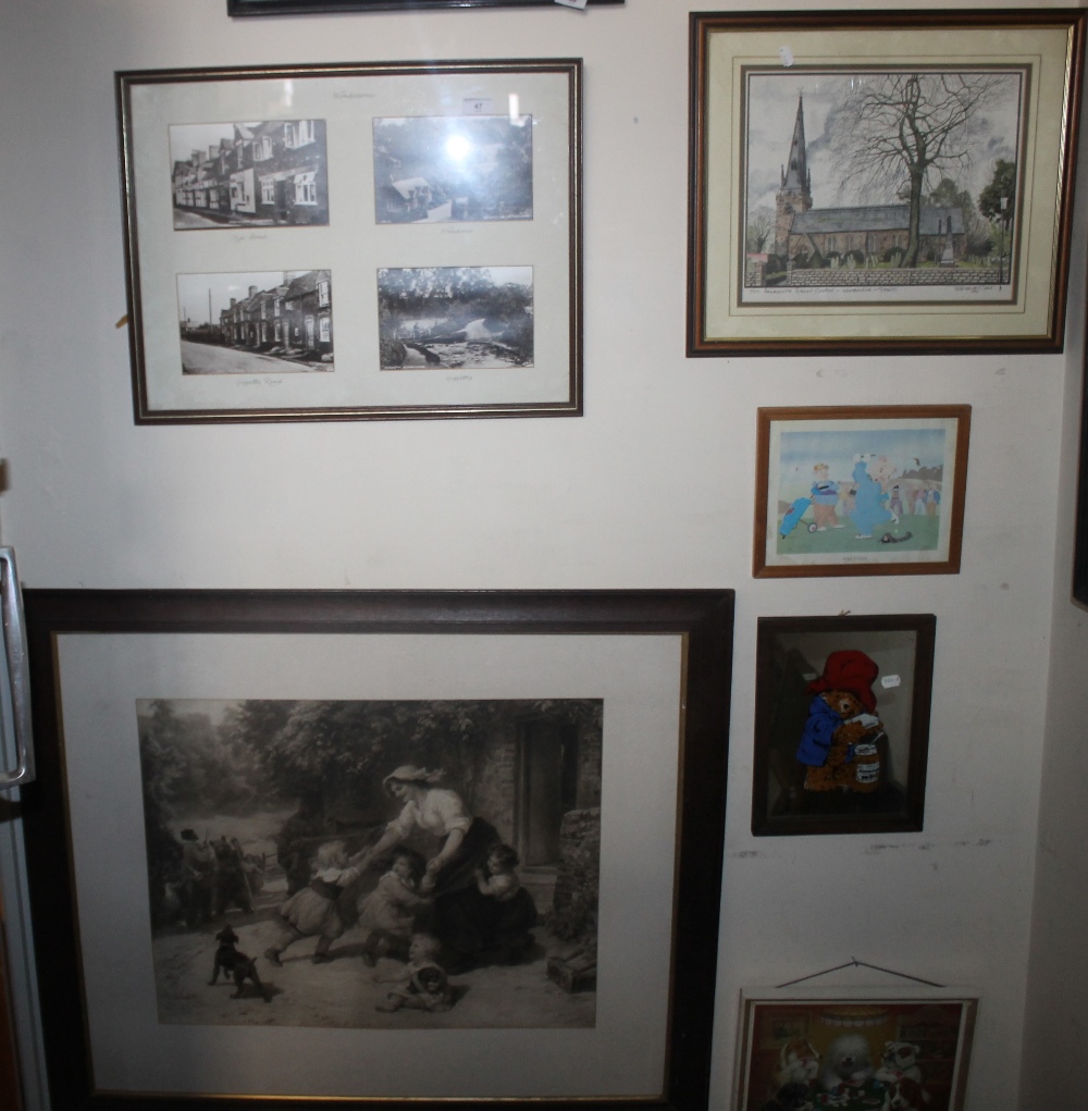 A FRAME OF FOUR PHOTOGRAPHS OF WOMBOURNE ETC TOGETHER WITH A FRAMED AND GLAZED ENGRAVING SIGNED "