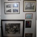 A FRAME OF FOUR PHOTOGRAPHS OF WOMBOURNE ETC TOGETHER WITH A FRAMED AND GLAZED ENGRAVING SIGNED "