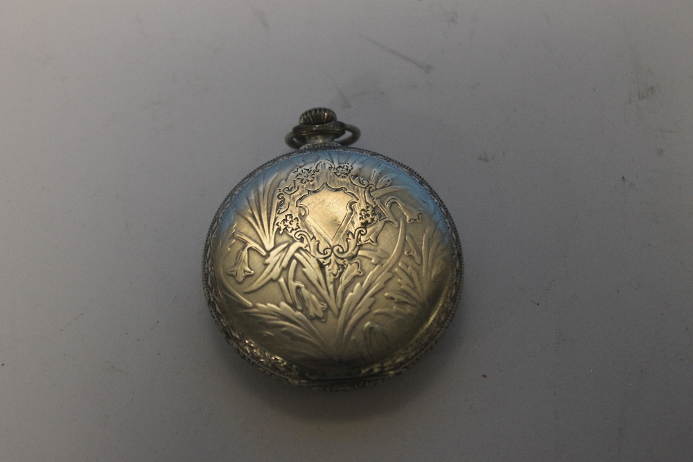 AN ELGIN WHITE METAL CASED OPEN FACED POCKET WATCH WITH SUB SECONDS DIAL AND FOLIATE DECORATION - Image 2 of 3