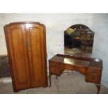 A VINTAGE WALNUT WARDROBE AND DRESSING TABLE