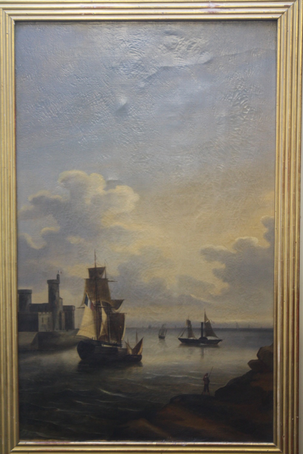 (XIX). A French estuary harbour scene with mirror panel below, unsigned, gilt frame, image - Image 2 of 5