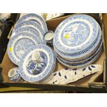 THREE TRAYS OF BLUE AND WHITE CHINA TO INCLUDE ANTIQUE MEAT PLATES, VICTORIA PATTERN JUG AND BOWL
