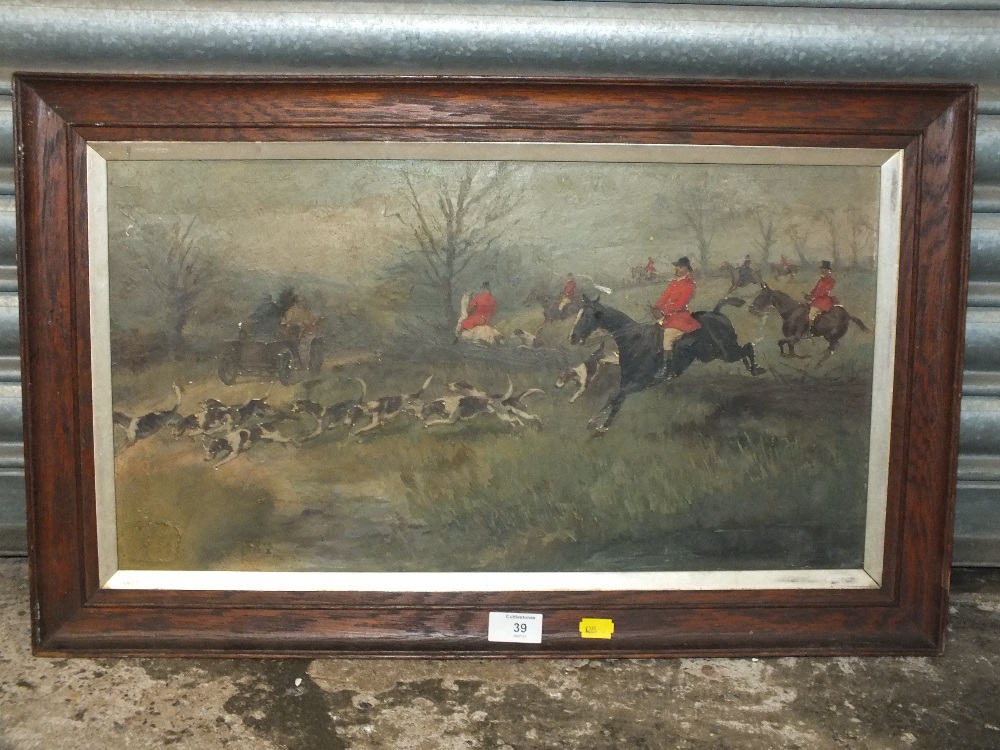 AN OAK FRAMED OIL ON BOARD DEPICTING A HUNTING SCENE 30 X 55 CM - Image 2 of 3